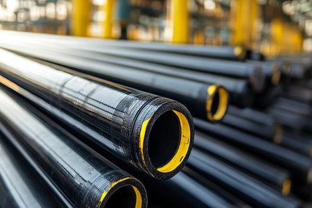 Rows of black steel pipes with yellow joint heads in an industrial setting with depth and blurの写真素材
