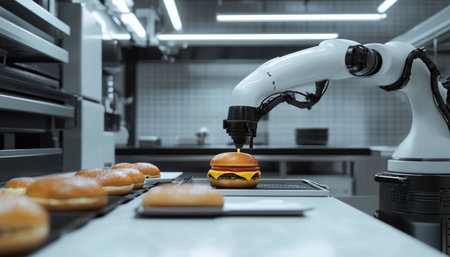 Futuristic robotic arm crafting cheeseburgers in a sleek minimalist kitchen designの写真素材