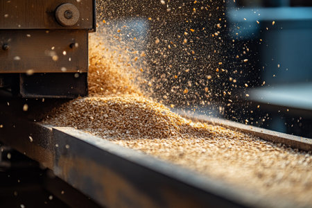 Sawdust from industrial woodcutting machine falling onto grain for further processing