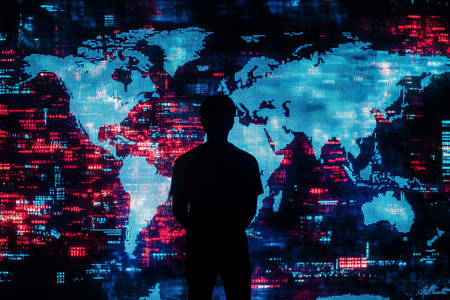 Silhouette of a person against a digital world map concept of global connectivity and data transfer
