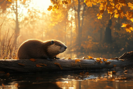 A beaver relaxing on a log by water in an autumn forest during the golden hour, photorealistic style