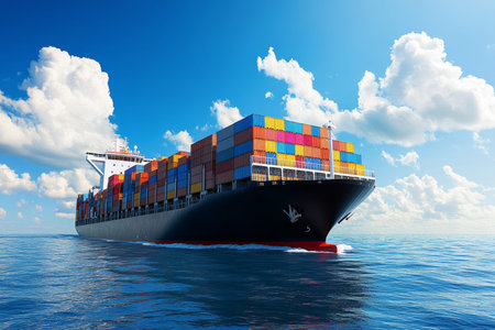 A panoramic view of a large container ship navigating the ocean under blue skies and white clouds