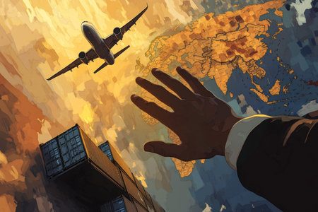 Businessman holding global map with cargo and transport elements in painterly sketch styleの写真素材