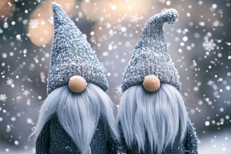 Charming gnomes with gray beards and silver hats amidst gentle snowflakes for winter festivities