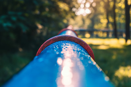 Close up of blue water main pipe with air hose and isolated red product in park settingの写真素材
