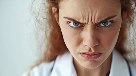 Close up portrait of an angry female doctor examining a patient with intense expressionの素材