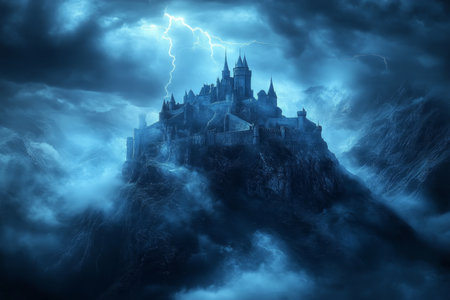 Mysterious medieval castle in the clouds a dark fantasy scene with lightning and blue tonesの写真素材