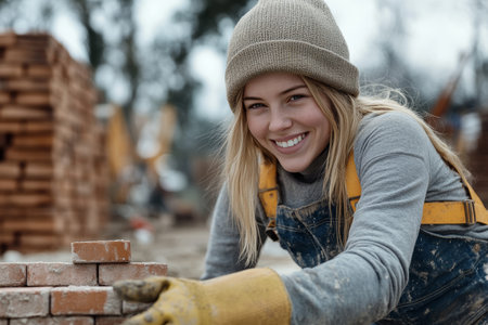Joyful young female construction worker skillfully laying bricks at an outdoor site with confidenceの素材
