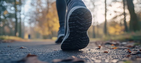 Close up of running shoes in motion on a path with blurred background for stock photography useの写真素材