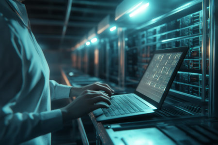 A person operating a laptop in a cryptocurrency mining farm surrounded by mining rigs and gpus