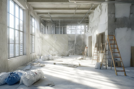 Indoor renovation scene depicting construction chaos and progress in an unfinished roomの写真素材