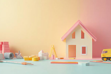 3d house model with building blocks and tools on table against pastel wall for design conceptsの写真素材
