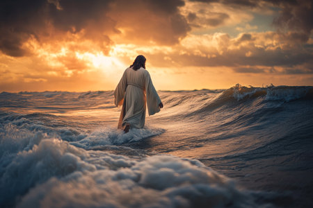 Dramatic sunset scene of Jesus walking on stormy waters, conveying divine power and majestyの写真素材
