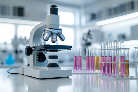 Modern laboratory scene inspired by rousseau featuring microscope and test tubes in natural lightの写真素材