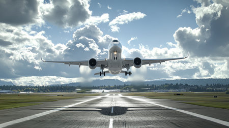 Photorealistic a350 taking off from seattle runway with jet engines at full thrust and scenic viewの写真素材