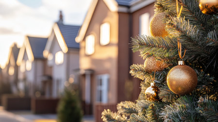 Festive christmas tree with golden ornaments against a softly blurred background of sunlit homesの写真素材