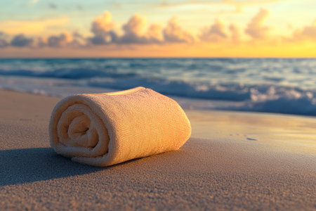 Close up of a rolled towel on the beach with a stunning sea and sky background in soft focusの写真素材