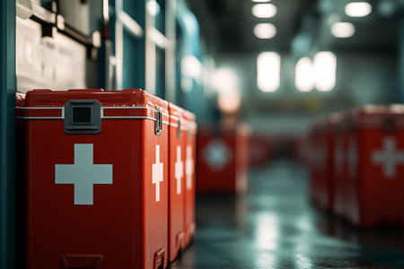 Hyper realistic 3d render of red medical boxes with white crosses in an industrial sceneの写真素材