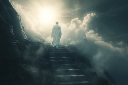 A man in a white robe ascends stairs to heaven amid dark clouds and fog with a bright light aboveの写真素材