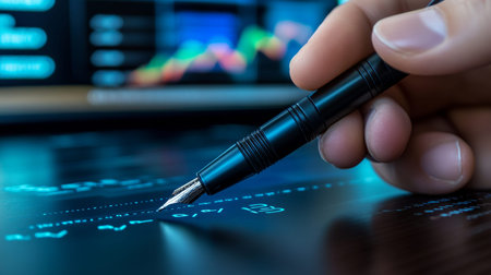 Close up of a hand writing with a pen on financial charts, ideal for business canvas art display