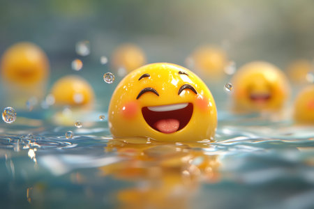 Cheerful 3d emoji floating in water surrounded by laughing emojis with soft lighting and cute styleの写真素材
