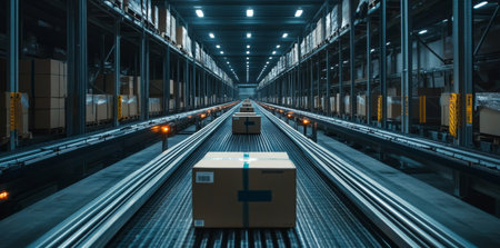 Conveyor belt loaded with boxes in a warehouse featuring a blue and gray color paletteの写真素材