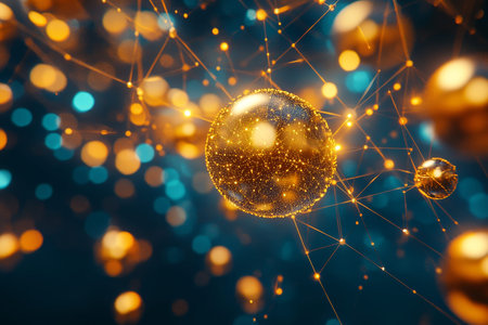 Illuminated digital grid with glowing golden spheres a close up abstract network structure