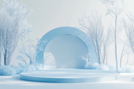Minimalist 3d abstract background featuring a blue geometric podium with winter elementsの写真素材