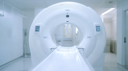 Professional photo of a white mri machine in a hospital with minimalist style and soft lightingの写真素材