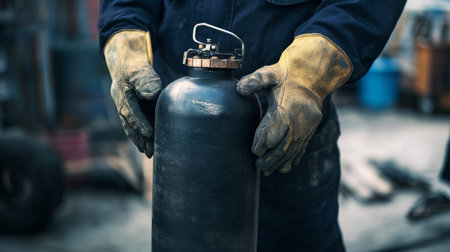 Close up of a worker holding a black welding air tank on a construction site with protective glovesの写真素材