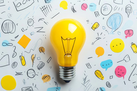 Bright yellow light bulb surrounded by speech bubbles and doodles symbolizing ideas and creativityの写真素材