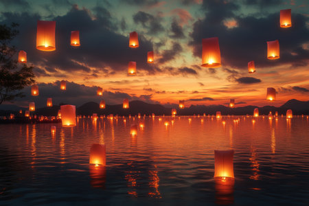 Enchanting sky lanterns illuminating water at sunset, creating a magical photorealistic sceneの写真素材