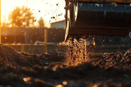 Close up of a construction worker operating an excavator in a trench during golden hour light
