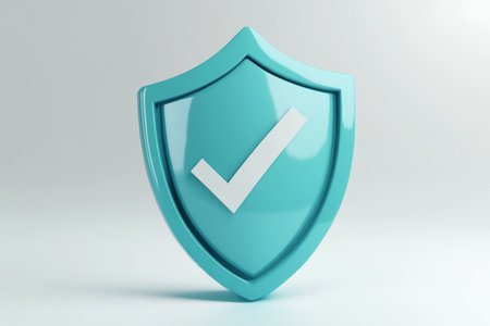 Turquoise shield icon with checkmark a 3d flat design isolated on white backgroundの写真素材