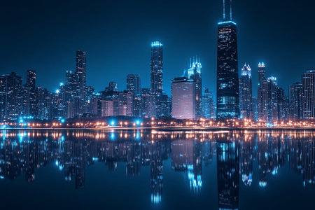 Chicago skyline at night reflecting in the lake, featuring blue hues and illuminated buildings