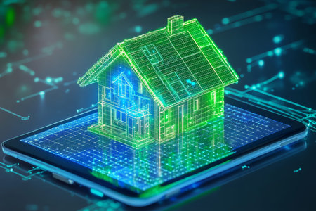 Futuristic smart home digital twin with solar panels and energy data on a tablet interface