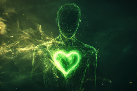 Ethereal digital art of an abstract human figure with a glowing green heart representing loveの写真素材