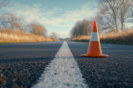 Orange traffic cone on asphalt road surrounded by grass and trees in a peaceful countryside setting
