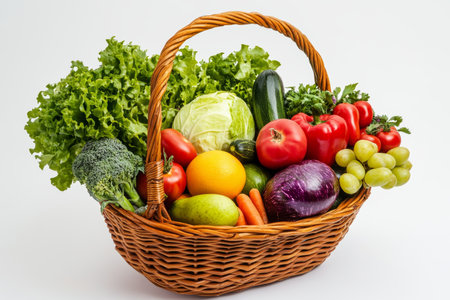 Colorful fruit and vegetable basket on white background, promoting healthy eating and organic foodsの写真素材
