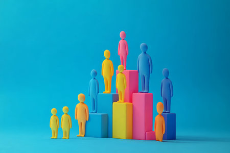 Colorful 3d illustration of human development symbolizing teamwork and leadership on blue backdropの写真素材