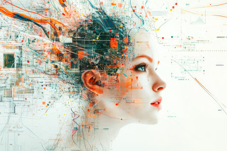 A stunning portrait of a woman with colorful lines and data visualizations in an artistic styleの写真素材
