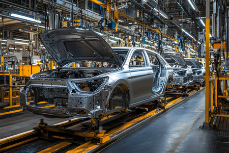 Workers assembling silver suvs and trucks on auto factory line under bright lighting and safety gearの写真素材