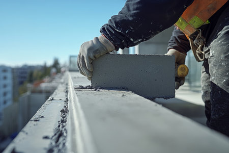 Worker laying extra wide gray concrete block at construction site under clear blue skyの写真素材