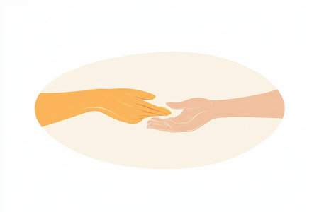 Vector illustration of a hand offering a coin to another, set against a simple white backgroundの写真素材