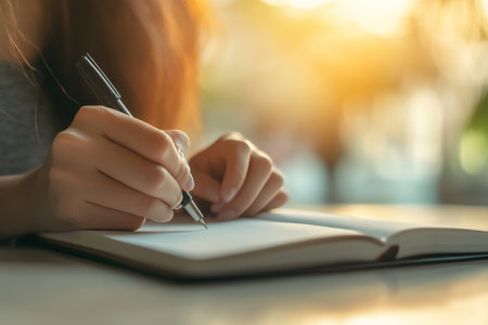 Close up of a woman s hand writing in a notebook at an office desk with sunlit backgroundの写真素材