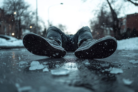 Person lying on icy ground after a fall, captured from low angle with snowy street background