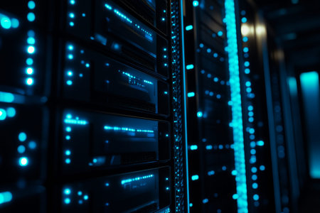 Close up of black server equipment with blue lights in a blurred high tech digital environment