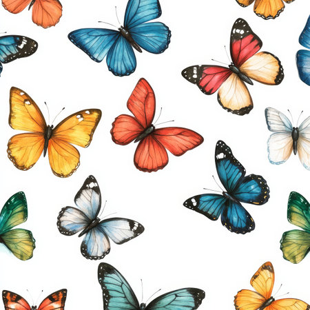 Artistic watercolor butterflies in vibrant colors on a clean white background for seamless patternsの写真素材