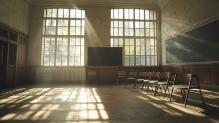Sunlit empty classroom ready for students with chairs and blackboard in educational settingの写真素材