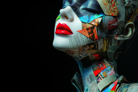 Elegant female mannequin in collage art fashion with colorful patterns against black backgroundの写真素材